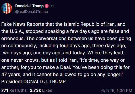 KobeissiLetter's tweet photo. BREAKING: President Trump says that reports claiming the US and Iran have stopped speaking are "fake news." https://t.co/OUPNq5nTQi