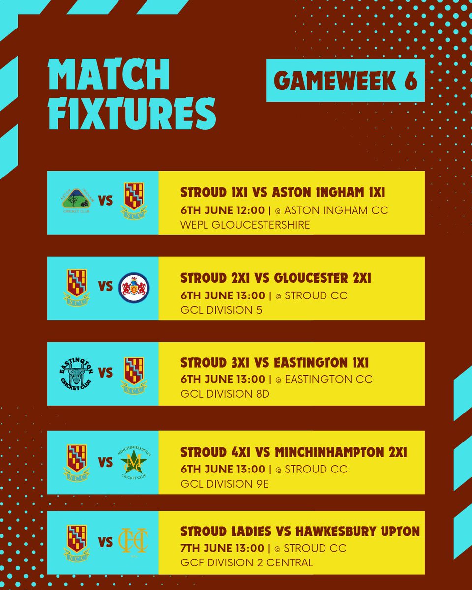 Stroud_Cricket's tweet photo. Gameweek 6 Fixtures ๐
@AshLoveridge10 @swsportsnews
#bepartofit #stroud https://t.co/pjusX0Rcr0