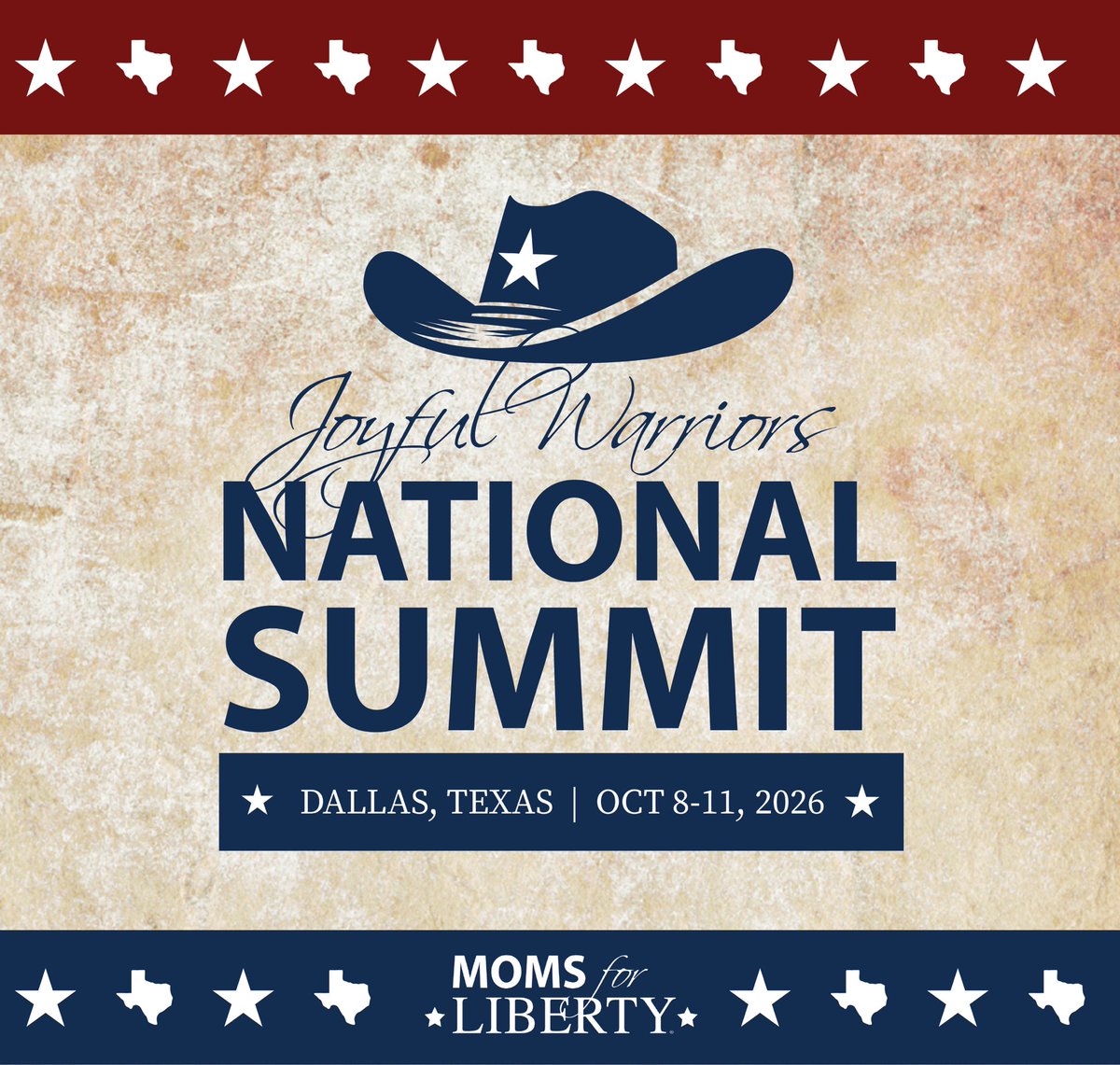 Moms4Liberty's tweet photo. TEXAS, HERE WE COME! 🇺🇲

The countdown starts now.

Join Joyful Warriors from across the nation for the largest Moms for Liberty gathering of the year.

🤠  Moms for Liberty National Summit 2026
📍 Dallas, Texas
📆 October 8–11
SAVE THE DATE – Registration Opens Soon https://t.co/uqt3327Llq