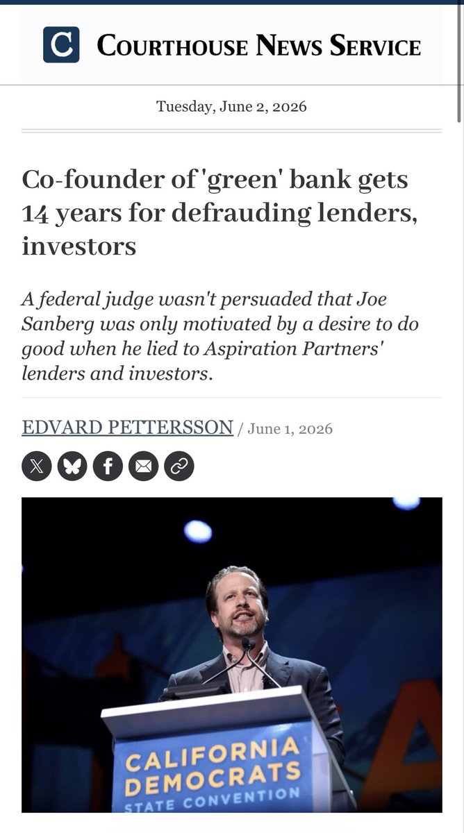 kshaughnessy2's tweet photo. 14 Year Prison Sentence for $248 Million Fraud 

Joseph Sanberg, co-founder of Aspiration Partners, is headed to prison.  
He pleaded guilty to two counts of wire fraud.  

Prosecutors say he tricked lenders and investors by 
using fake collateral and falsified documents for big loans, creating sham customers to inflate revenue and using fake financial numbers to raise more money

“U.S. District Judge Stephen Wilson in Los Angeles rebuffed Joe Sanberg’s bid to be spared prison all together because of his past anti-poverty work and his purported good intentions in trying to save the struggling bank he helped set up in 2013….”
- @CourthouseNews 

“..Instead of delivering on Aspiration’s promises, he orchestrated a multi-year scheme involving fake clients, sham payments, and deceptive loan collateral that caused at least $248 million in losses to numerous victims. 

This sentence holds him accountable and serves as a clear warning to others who abuse trust for personal gain and obtain loans from the financial industry based on lies and misrepresentations.” 

“This serial fraudster used his Cinderella-like background, impressive educational credentials, and virtue signaling skills to swindle investors and lenders out of hundreds of millions of dollars,” said First Assistant U.S. Attorney Bill Essayli of the Central District of California. 

“This criminal case serves as a warning: Anyone can get duped by a con man.”… 
@DOJCrimDiv