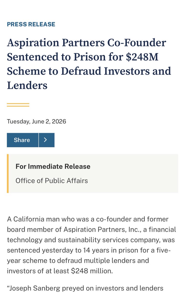 kshaughnessy2's tweet photo. 14 Year Prison Sentence for $248 Million Fraud 

Joseph Sanberg, co-founder of Aspiration Partners, is headed to prison.  
He pleaded guilty to two counts of wire fraud.  

Prosecutors say he tricked lenders and investors by 
using fake collateral and falsified documents for big loans, creating sham customers to inflate revenue and using fake financial numbers to raise more money

“U.S. District Judge Stephen Wilson in Los Angeles rebuffed Joe Sanberg’s bid to be spared prison all together because of his past anti-poverty work and his purported good intentions in trying to save the struggling bank he helped set up in 2013….”
- @CourthouseNews 

“..Instead of delivering on Aspiration’s promises, he orchestrated a multi-year scheme involving fake clients, sham payments, and deceptive loan collateral that caused at least $248 million in losses to numerous victims. 

This sentence holds him accountable and serves as a clear warning to others who abuse trust for personal gain and obtain loans from the financial industry based on lies and misrepresentations.” 

“This serial fraudster used his Cinderella-like background, impressive educational credentials, and virtue signaling skills to swindle investors and lenders out of hundreds of millions of dollars,” said First Assistant U.S. Attorney Bill Essayli of the Central District of California. 

“This criminal case serves as a warning: Anyone can get duped by a con man.”… 
@DOJCrimDiv