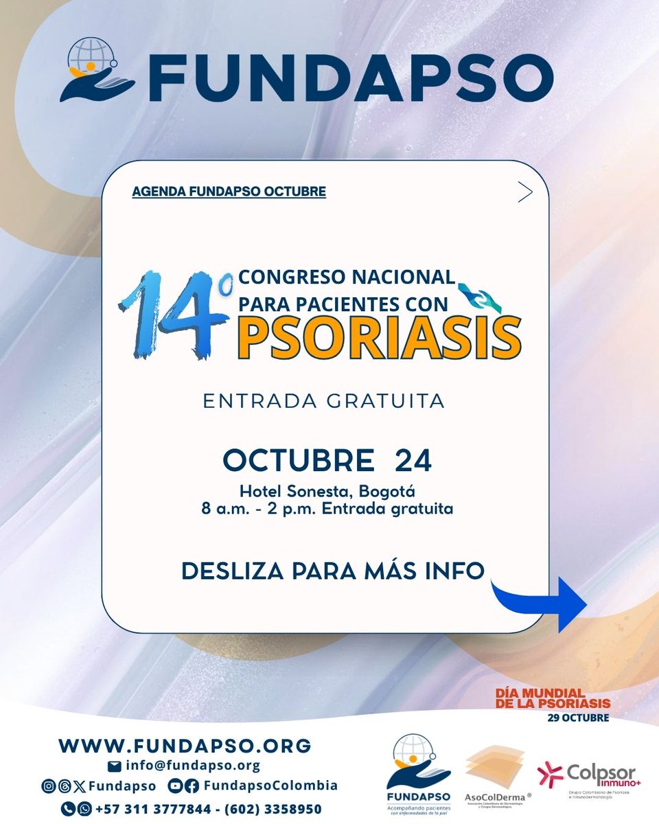 FUNDAPSO's tweet photo. No olvides agendarte y separar tu cupo para el próximo 24 de octubre. 14° Congreso Nacional para pacientes con Psoriasis. Desliza para ver toda la info. https://t.co/RQwMAyL8XE