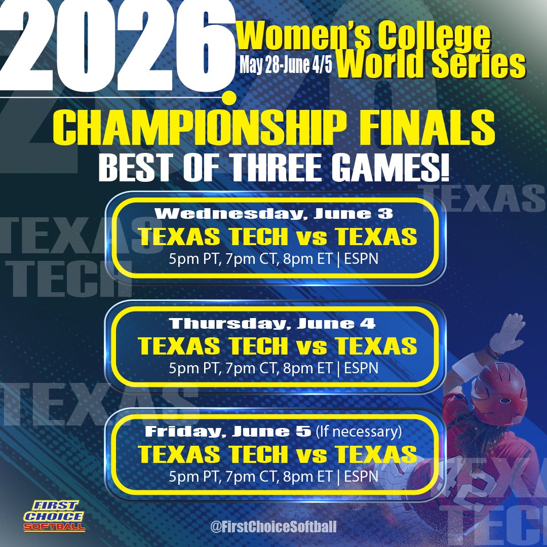 1stchoicesfball's tweet photo. All-Texas Showdown Set for Women's College World Series Championship Series

The 2026 Women's College World Series Championship Series is set, and softball fans are in for another Lone Star State battle as the defending national champion Texas Longhorns Softball take on the Texas Tech Red Raiders Softball in a best-of-three series at Devon Park in Oklahoma City. The match-up marks the second consecutive season the two programs have met with the national championship on the line.

Game 1 is scheduled for Wednesday, June 3, at 5 p.m. PT, 7 p.m. CT, 8 p.m. ET on ESPN. Game 2 will be played Thursday, June 4, at 5 p.m. PT, 7 p.m. CT, 8 p.m. ET, while a winner-take-all Game 3, if necessary, is scheduled for Friday, June 5, at 5 p.m. PT, 7 p.m. CT, 8 p.m. ET.

Texas enters the championship series riding the momentum of back-to-back victories over Tennessee in the semifinals. The Longhorns have been led throughout the postseason by standout slugger Reese Atwood, power hitter Katie Stewart, and ace pitcher Tegan Kavan, who tossed a shutout to help send Texas back to the finals.

Texas Tech counters with one of the nation's most dominant players in pitcher NiJaree Canady. Canady threw a complete-game two-hit shutout against Alabama to clinch the Red Raiders' spot in the finals. Canady and Kaitlyn Terry in the circle has been the driving force behind Texas Tech's historic run. Offensively, the Red Raiders have received key contributions from Jasmyn Burns, who delivered a crucial home run in the semifinal victory, along with powerful hitters Mia Williams and Lauren Allred.

With Texas seeking back-to-back national championships and Texas Tech pursuing the first NCAA softball title in program history, the stage is set for an unforgettable championship series between two of the sport's premier programs.

#firstchoicesoftball #fpsoftballvibes #collegesoftball #collegesoftballchampionships #ncaasoftball #RoadToWCWS#WCWS