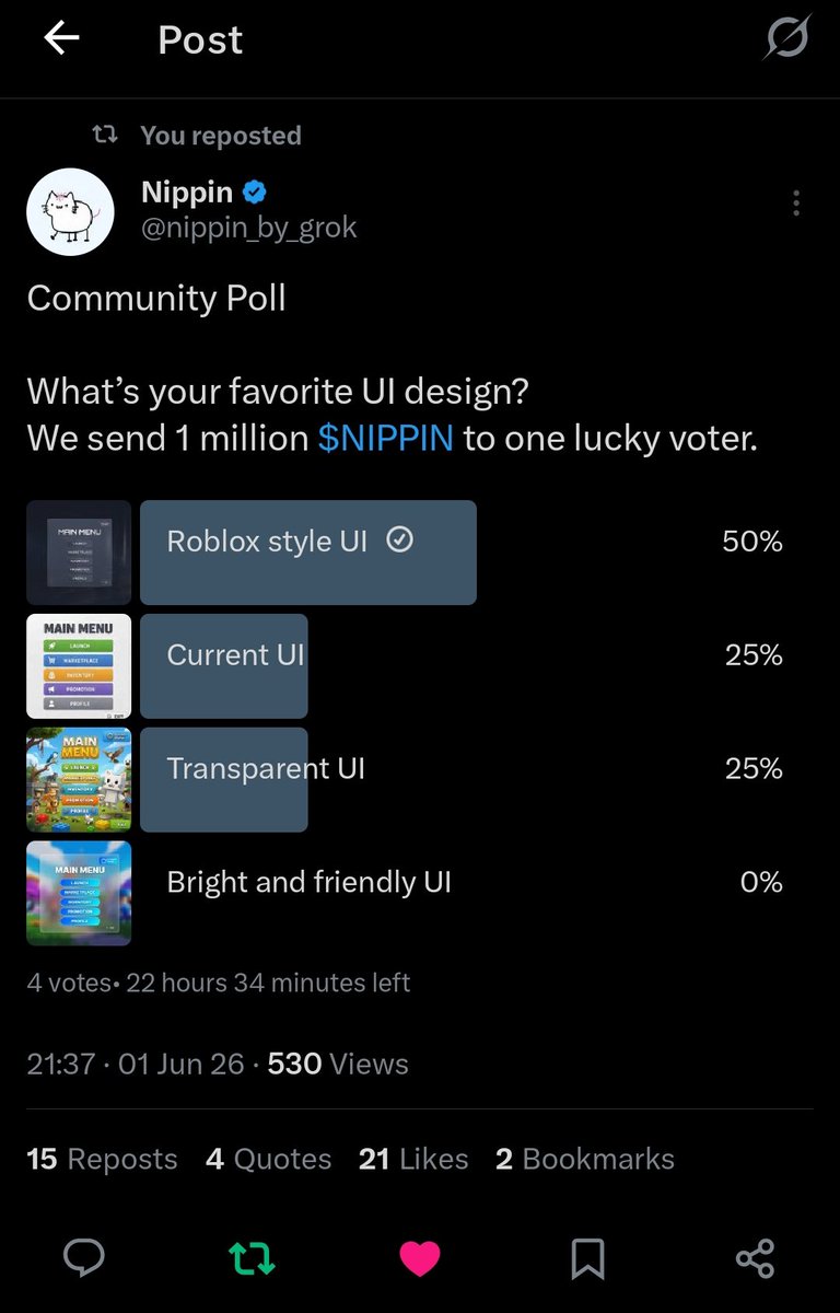 Web3_1King's tweet photo. @nippin_by_grok Roblox UI wins 😼 This is peak $NIPPIN vibes. Let’s go! https://t.co/XOl9RLrUDD
