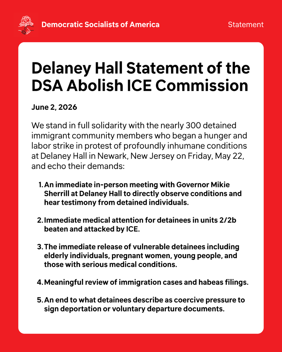 DemSocialists's tweet photo. We stand in full solidarity with the nearly 300 detained immigrant community members who began a hunger and labor strike at Delaney Hall. https://t.co/q8Cywo02zW