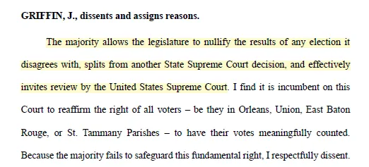 segalmr's tweet photo. The dissenting justices said the state legislature's actions:

*make "a mockery" of the electoral process;

*imply that the legislature can simply "nullify" election results; and  

*constitute a "political coup." https://t.co/oD0APaCDit
