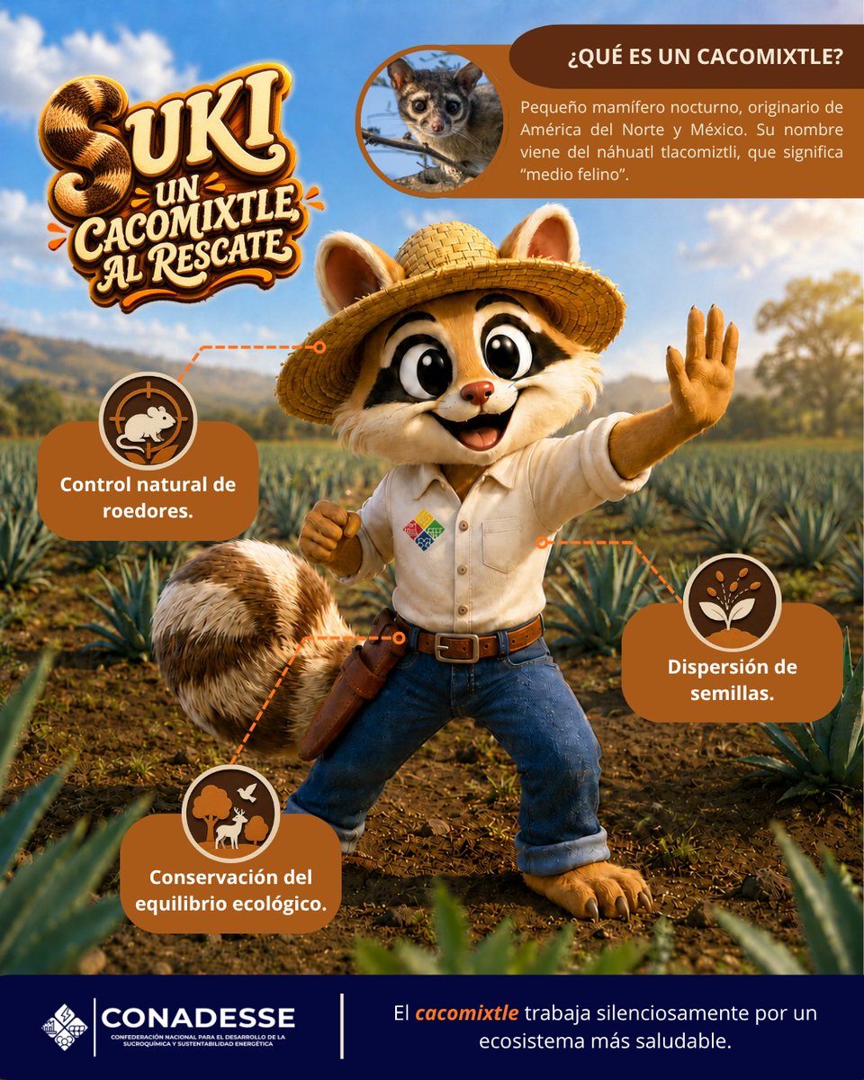 CONADESSE's tweet photo. 🌱 El cacomixtle ayuda a mantener saludables los ecosistemas agaveros: controla roedores, dispersa semillas y, según estudios de la UNAM, también puede participar en la polinización de los agaves. ¡Un pequeño guardián de la biodiversidad! #CONADESSE #datosalazar #Martes https://t.co/rMmtvEAWJr