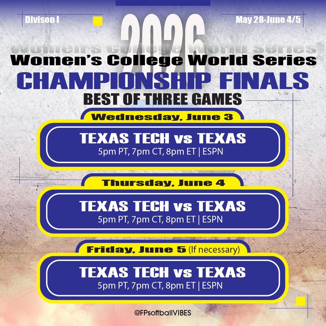 FPSoftballVIBES's tweet photo. All-Texas Showdown Set for Women's College World Series Championship Series

The 2026 Women's College World Series Championship Series is set, and softball fans are in for another Lone Star State battle as the defending national champion Texas Longhorns Softball take on the Texas Tech Red Raiders Softball in a best-of-three series at Devon Park in Oklahoma City. The match-up marks the second consecutive season the two programs have met with the national championship on the line.

Game 1 is scheduled for Wednesday, June 3, at 5 p.m. PT, 7 p.m. CT, 8 p.m. ET on ESPN. Game 2 will be played Thursday, June 4, at 5 p.m. PT, 7 p.m. CT, 8 p.m. ET, while a winner-take-all Game 3, if necessary, is scheduled for Friday, June 5, at 5 p.m. PT, 7 p.m. CT, 8 p.m. ET.

Texas enters the championship series riding the momentum of back-to-back victories over Tennessee in the semifinals. The Longhorns have been led throughout the postseason by standout slugger Reese Atwood, power hitter Katie Stewart, and ace pitcher Tegan Kavan, who tossed a shutout to help send Texas back to the finals.

Texas Tech counters with one of the nation's most dominant players in pitcher NiJaree Canady. Canady threw a complete-game two-hit shutout against Alabama to clinch the Red Raiders' spot in the finals. Canady and Kaitlyn Terry in the circle has been the driving force behind Texas Tech's historic run. Offensively, the Red Raiders have received key contributions from Jasmyn Burns, who delivered a crucial home run in the semifinal victory, along with powerful hitters Mia Williams and Lauren Allred.

With Texas seeking back-to-back national championships and Texas Tech pursuing the first NCAA softball title in program history, the stage is set for an unforgettable championship series between two of the sport's premier programs.

#firstchoicesoftball #fpsoftballvibes #collegesoftball #collegesoftballchampionships #ncaasoftball #RoadToWCWS#WCWS