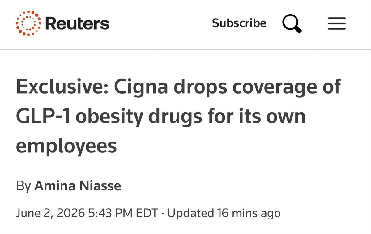 himshouse's tweet photo. 🚨 BREAKING: CIGNA TO DROP COVERAGE OF GLP-1s FOR OWN EMPLOYEES ON JULY 1

Impacts $NVO Wegovy and $LLY Zepbound

"As availability has increased and new options have emerged, we've made the decision to end ⁠our plan's coverage for GLP-1s for weight loss."

$HIMS https://t.co/2hu4ioePrq