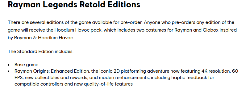 RaymanFacts's tweet photo. Buying Rayman Legends Retold also gives you Rayman Origins Enhanced Edition! 40 bucks for two games. Amazing price. The base game also comes with costumes inspired by 3!! https://t.co/lhH50pr8bW