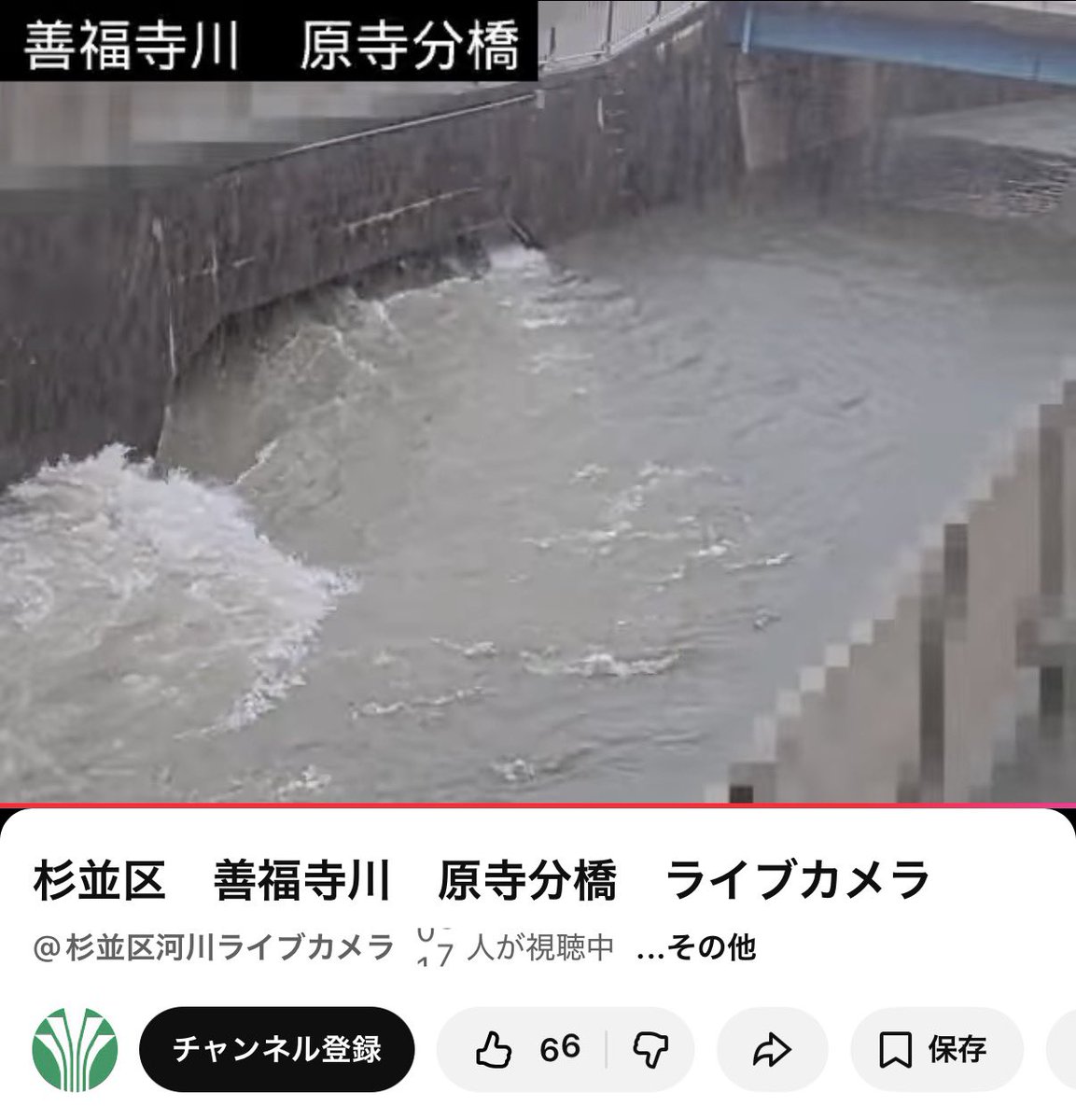 yuma1010's tweet photo. 杉並区に大雨警報が発令されました。
水害には注意です

河川のライブカメラの状況も注目です
https://t.co/w7BmGYFUV7

荻窪二丁目の水位の上がり方がかなり急です
https://t.co/6UJDaFr17R

#杉並区
#サイレン
#台風
#ライブカメラ
#水害
#浸水
#警報
#大雨警報 https://t.co/nqI6xwptKb