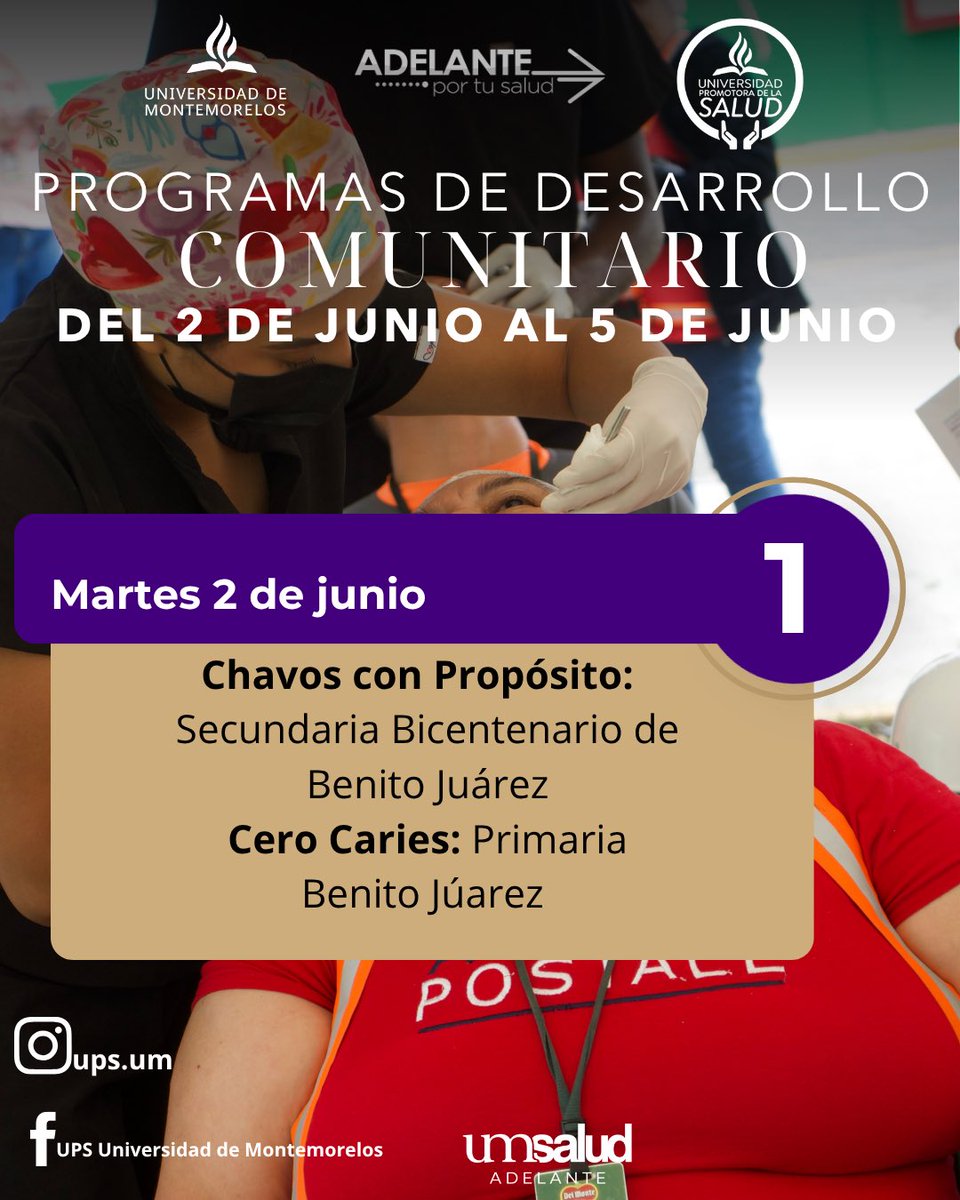 ups_unimmorelos's tweet photo. UM Salud sigue avanzando por el bienestar de la comunidad. 💜
📅 Del 2 al 5 de junio 🦷 Cero Caries 👩🏻‍🎓 Chavos con Propósito
💙 QVS 🩺 Espacios de Salud (“Los Cristales” y “Emiliano Zapata”)
Prevención, servicio y compromiso que transforman. ✨
#UMSalud #SaludPública https://t.co/sfCCBdQKc6