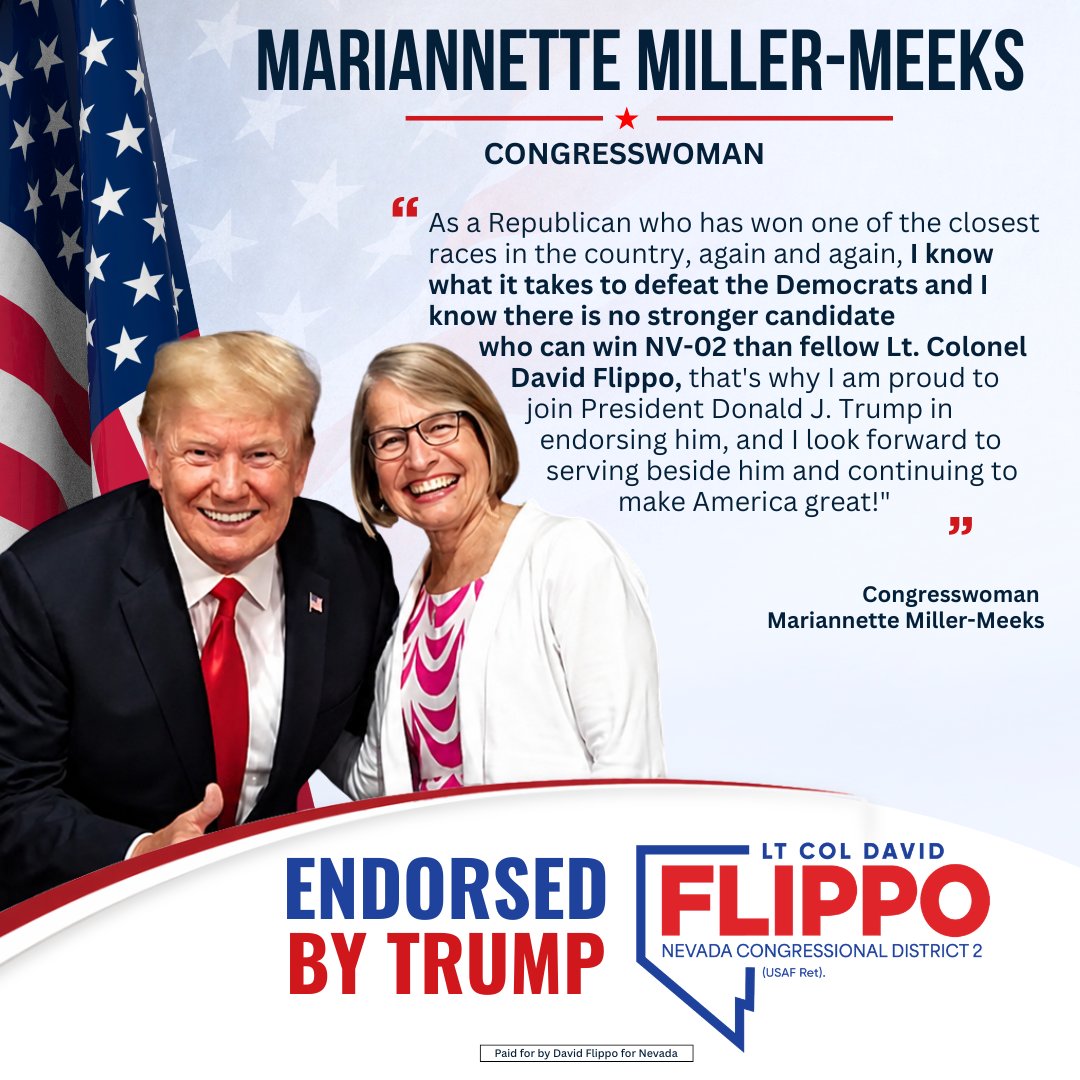 DavidFlippoNV's tweet photo. 🚨 ENDORSEMENT ALERT 🚨

Congresswoman Mariannette Miller-Meeks @RepMMM  has ENDORSED our campaign for NV-2! 

She represents one of the closest Congressional districts in the country.  She knows that a fighter is the strongest candidate Republicans can put up in November! https://t.co/XDX2dok3cm