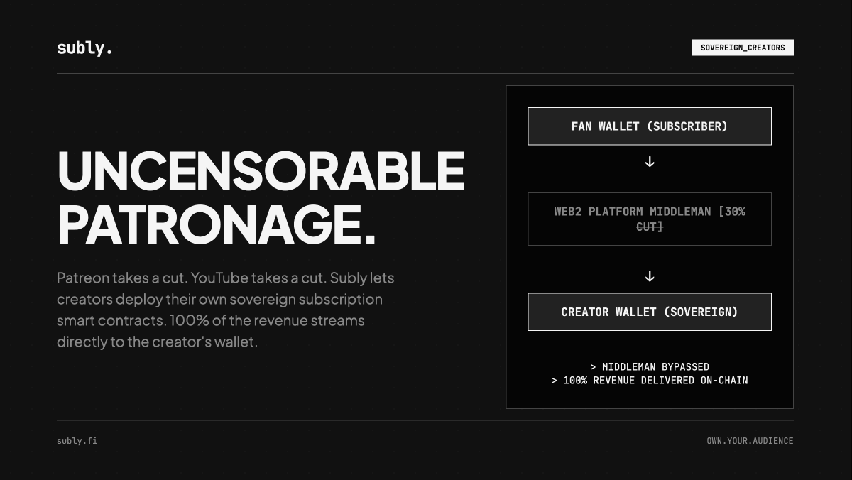 SublyFi's tweet photo. Patreon takes a cut. YouTube takes a cut.

Subly lets creators deploy their own sovereign subscription smart contracts in one click. 100% of the revenue streams directly to the creator's wallet.

Uncensorable patronage. 👑