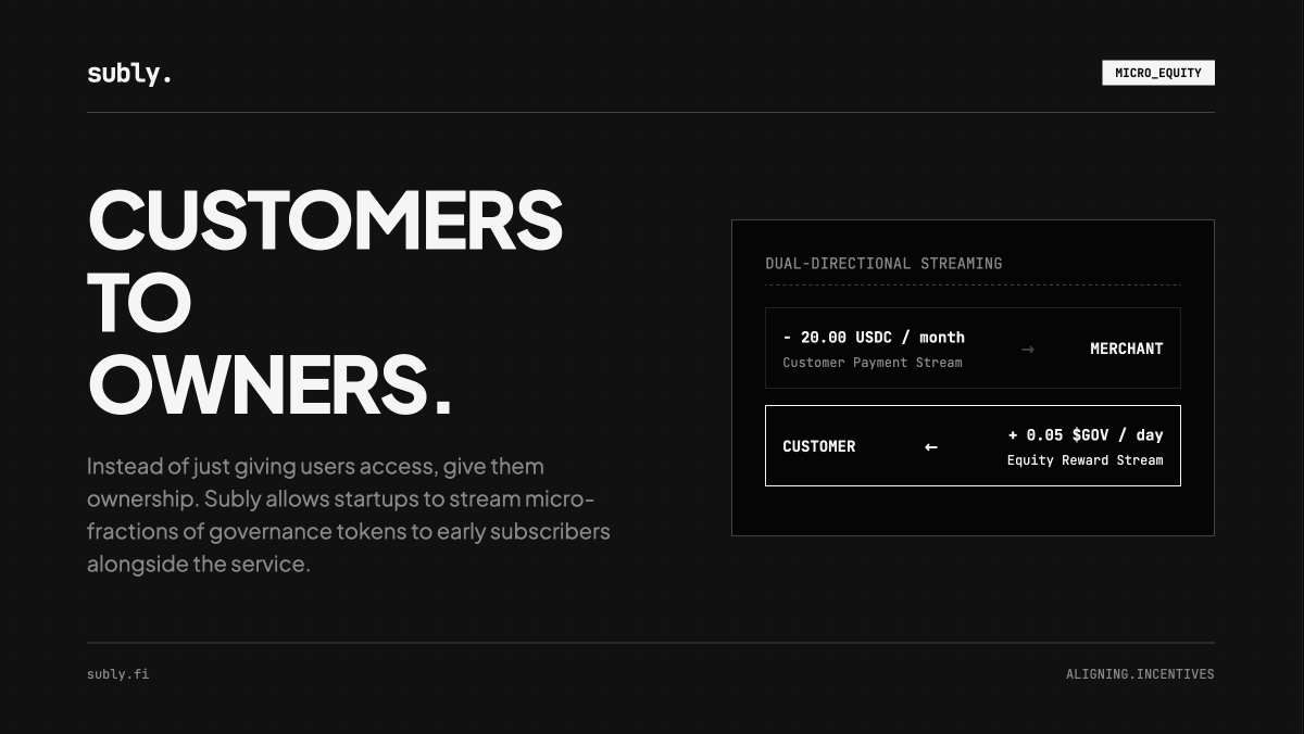 SublyFi's tweet photo. Instead of just giving users access, give them ownership.

Subly allows startups to stream micro-fractions of governance tokens to their earliest subscribers alongside the service.

You aren't just a customer anymore; you're an owner. 📈