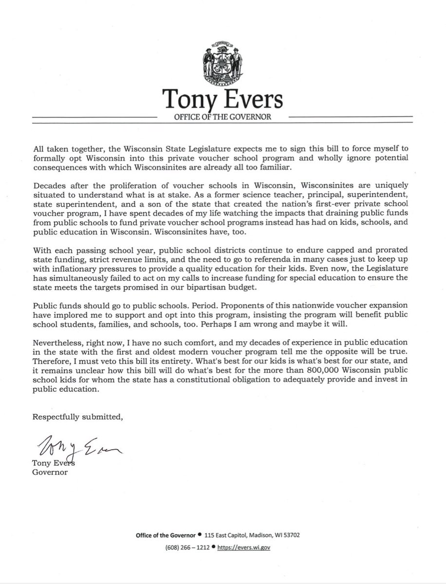 JasonCalvi's tweet photo. Wisconsin Gov. Tony Evers opposes the federal education tax credit program and vetoed a bill that would have required the gov opt the state in:
“I must veto this bill in its entirety because I object to the nationwide expansion of a private voucher school program.” https://t.co/CMg7xMl11c
