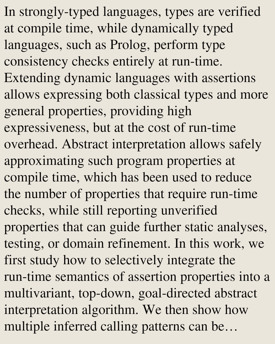 ProgPapers's tweet photo. Exploiting Multiple Abstract Call Patterns for Optimizing Run-Time Checks

Daniela Ferreiro, Daniel Jurjo-Rivas, Marco Ciccalè, Jose F. Morales, Pedro López-García, Manuel Hermenegildo
https://t.co/pW31ZpTSgv [𝚌𝚜.𝙿𝙻]
💬To appear in Theory and Practice of Logic Programming https://t.co/cRp4zwp7wU