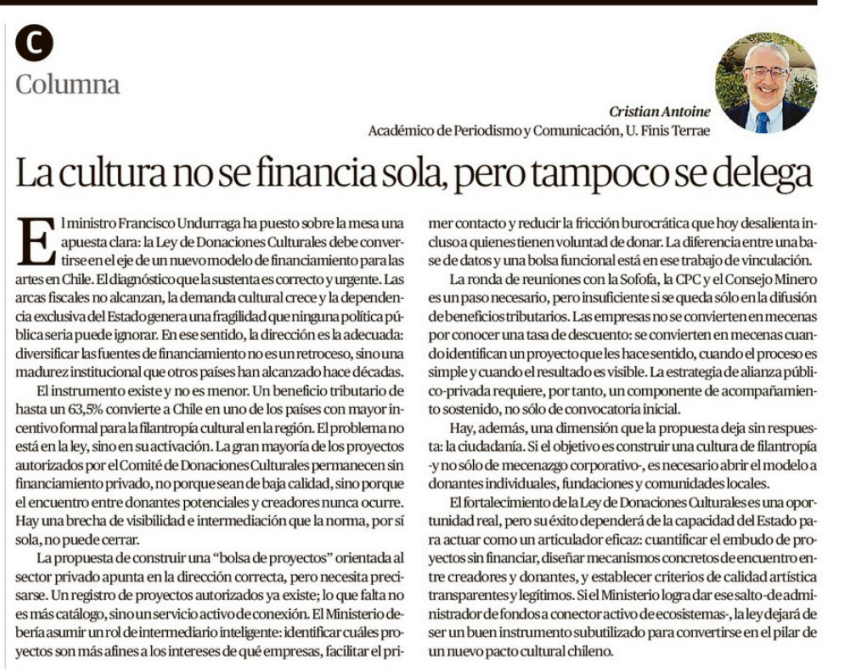cantoine's tweet photo. El problema no está en la ley de Donaciones, sino en su activación. La gran mayoría de los proyectos autorizados por el Comité de Donaciones Culturales permanecen sin financiamiento privado, no porque sean de baja calidad, sino porque el encuentro entre donantes potenciales y creadores nunca ocurre. Hay una brecha de visibilidad e intermediación que la norma, por sí sola, no puede cerrar.