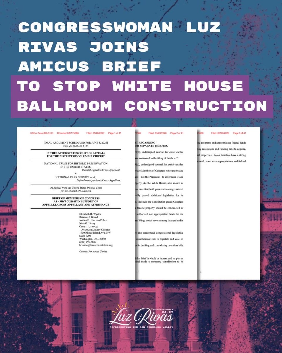 RepLuzRivas's tweet photo. While Americans struggle to afford groceries, rent, and a visit to the doctor's office, Donald Trump is focused on constructing his $400 MILLION ballroom.

@HouseDemocrats are fighting this in court.

I joined @RepRobertGarcia, @RepHuffman, and my colleagues in filing an amicus brief to halt the illegal destruction of the White House East Wing and construction of Trump's ballroom.