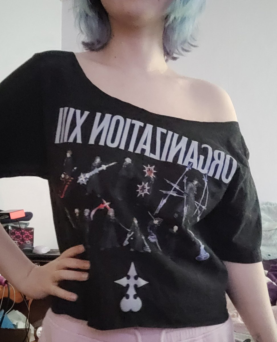 vixieberry's tweet photo. fixed the cursed Organization XIII shirt from BoxLunch so I would actually wear it LOL (cropped &amp; cut it to be an off the shoulder style top bc I've been really into them lately) https://t.co/rKdc3EWj7q