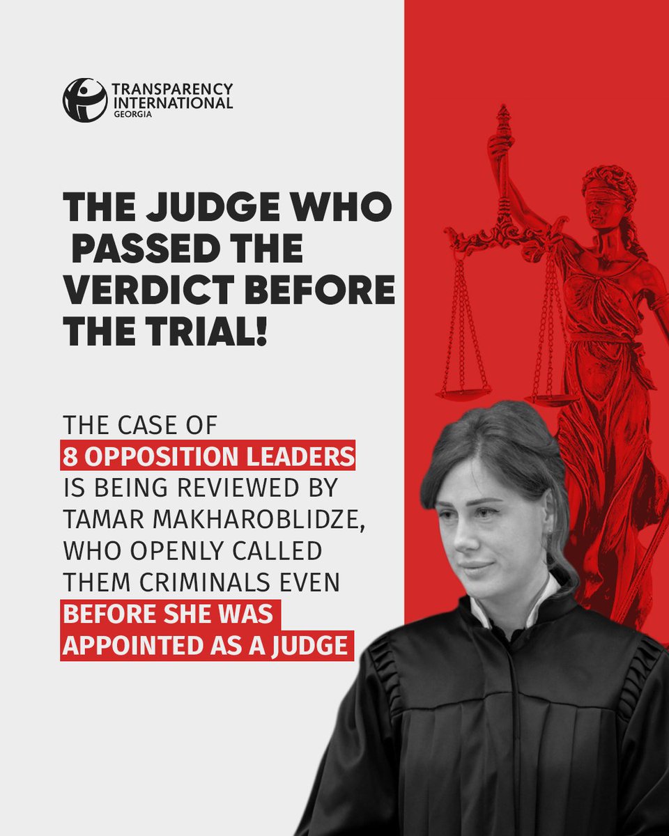Transparency_GE's tweet photo. Why was the case of 8 political leaders closed to the public?

The case is being heard by Tamar Makharoblidze- a judge who, before donning the robe, spoke directly using government talking points and judged the defendants in advance, publicly.

🔗 Full story: https://t.co/mbR0j72Vqo