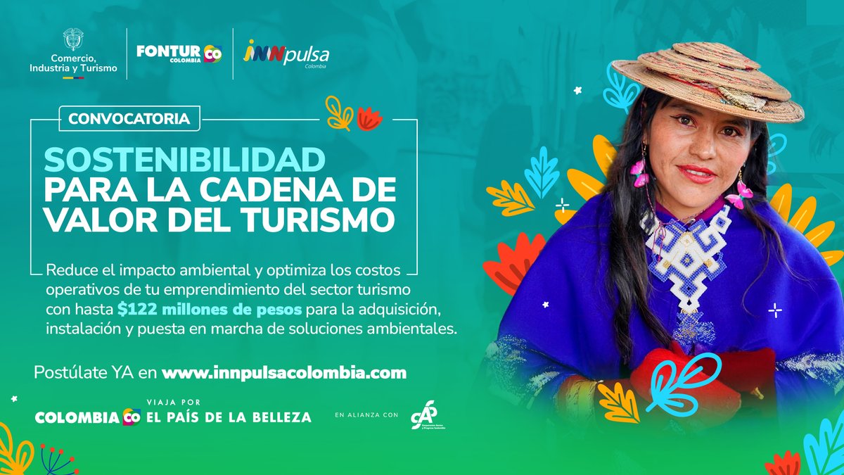 InnpulsaCol's tweet photo. #SostenibilidadMipymesTurismo | Si tu unidad productiva, emprendimiento o mipyme hace parte del sector turismo, participa en esta convocatoria para potenciar la competitividad y sostenimiento ambiental de tu negocio.

Conoce los detalles y postúlate en https://t.co/4NU0wkHTgK https://t.co/ffaDalunNn
