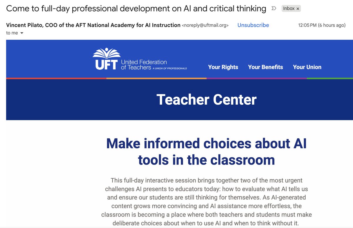 teachbk's tweet photo. As teachers, parents, and students raise concerns about the dangers of AI,  @UFT doubles, triples down on the grift https://t.co/LAdyRcNfSP