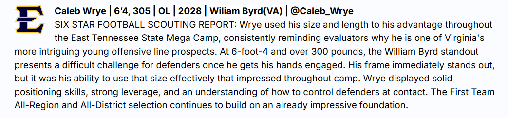 Caleb_Wrye's tweet photo. Thanks for the write up @sixstarfootball!  I am grateful for the encouragement as I work to get better.  I had a great time at camp at @ETSUFootball I will keep working hard for the up coming season!  @CoachBradLutz
https://t.co/0LPaerWnFp https://t.co/2pDjxWibL6
