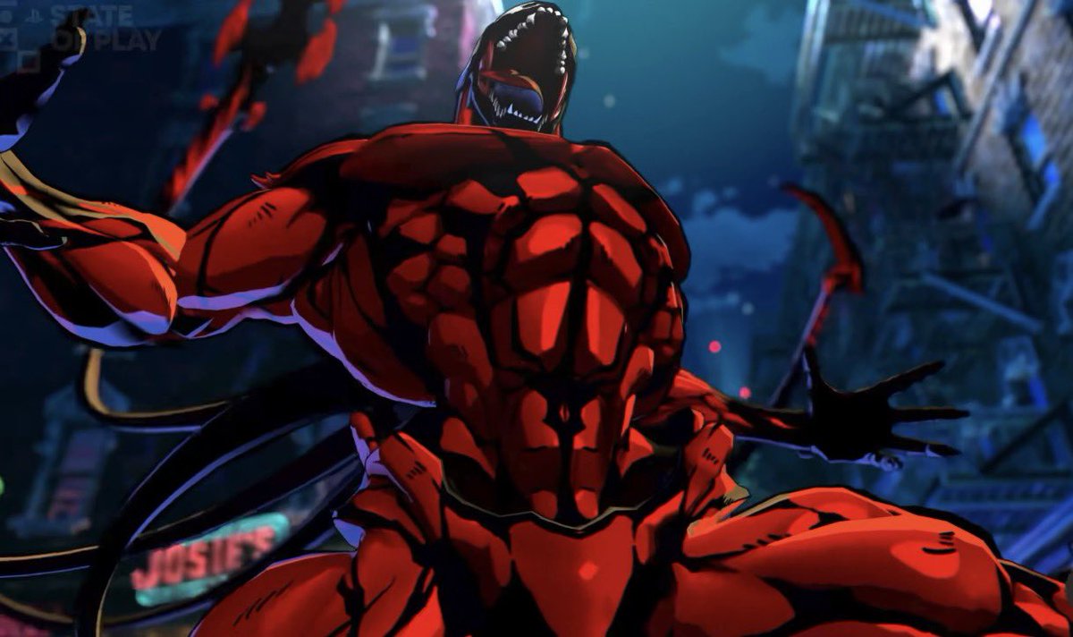 thevenomsite's tweet photo. Some design notes about Tokon Carnage

•hands and feet are black like some Ultimate variants 

•toes out, white teeth, tongue, pretty tall in comparison to Spidey, it’s giving Venom

•spikes on spine and around arms similar to Anti-Venom

•thin waist screams Absolute Carnage https://t.co/IGatHqjsXS