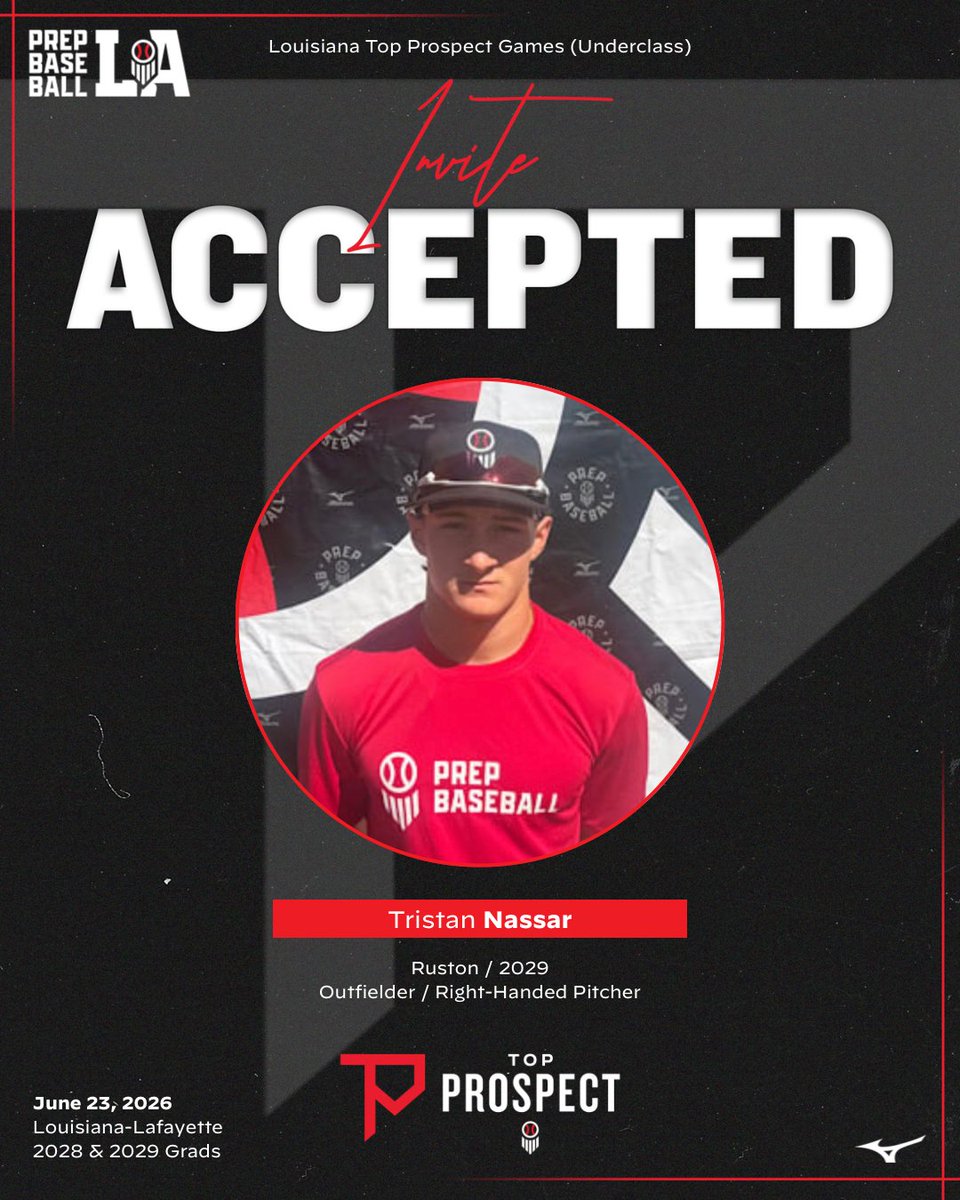 PrepBaseballLA's tweet photo. 🎟️ #𝐋𝐀𝐓𝐏𝐆𝟐𝟔 𝐈𝐧𝐯𝐢𝐭𝐞 𝐀𝐜𝐜𝐞𝐩𝐭𝐞𝐝

We’re excited to see the following players at the Underclass Top Prospect Games on June 23rd at the University of Louisiana-Lafayette.

‘28 Creshaun McCollum (Mandeville)

‘28 Krash Menard (Vandebilt Catholic)

‘28 Maddox Nacol (Catholic-NI)

‘29 Tristan Nassar (Ruston)

Event page with complete roster and all the details below ⬇️ 

#BeSeen

🖇️ https://t.co/Zxq03tAKD2