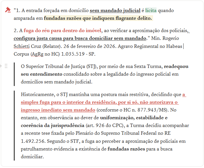 pedrocampos__'s tweet photo. JULGADO RECENTE (02/2026) COM CARA DE PROVA:

O STJ alinhou sua jurisprudência ao STF (RE 1.492.256):

❌ Antes: fuga, por si só, NÃO autorizava entrada em domicílio.
✅ Agora: fuga para dentro do imóvel ao ver a polícia = FUNDADAS RAZÕES. https://t.co/nkpHFfkvZV
