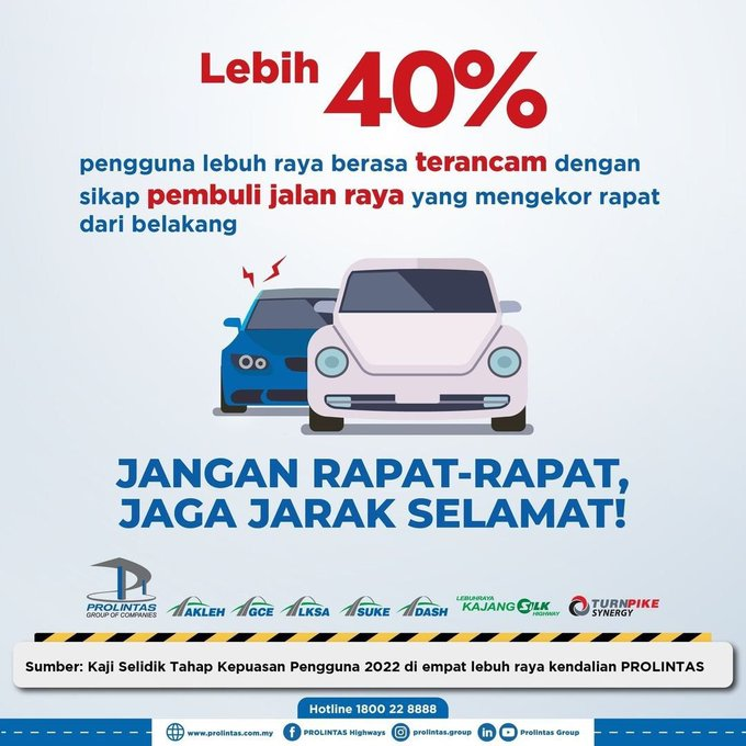 GCEtrafik's tweet photo. **Bahaya ‘Cucuk’ Belakang**   The attitude of drivers who deliberately tailgate closely behind vehicles causes discomfort to other highway users. Such bullies can be fined up to RM1,000 or imprisoned for a maximum of three months!  #PROLINTASprihatin https://t.co/i58qyCQ8Qp