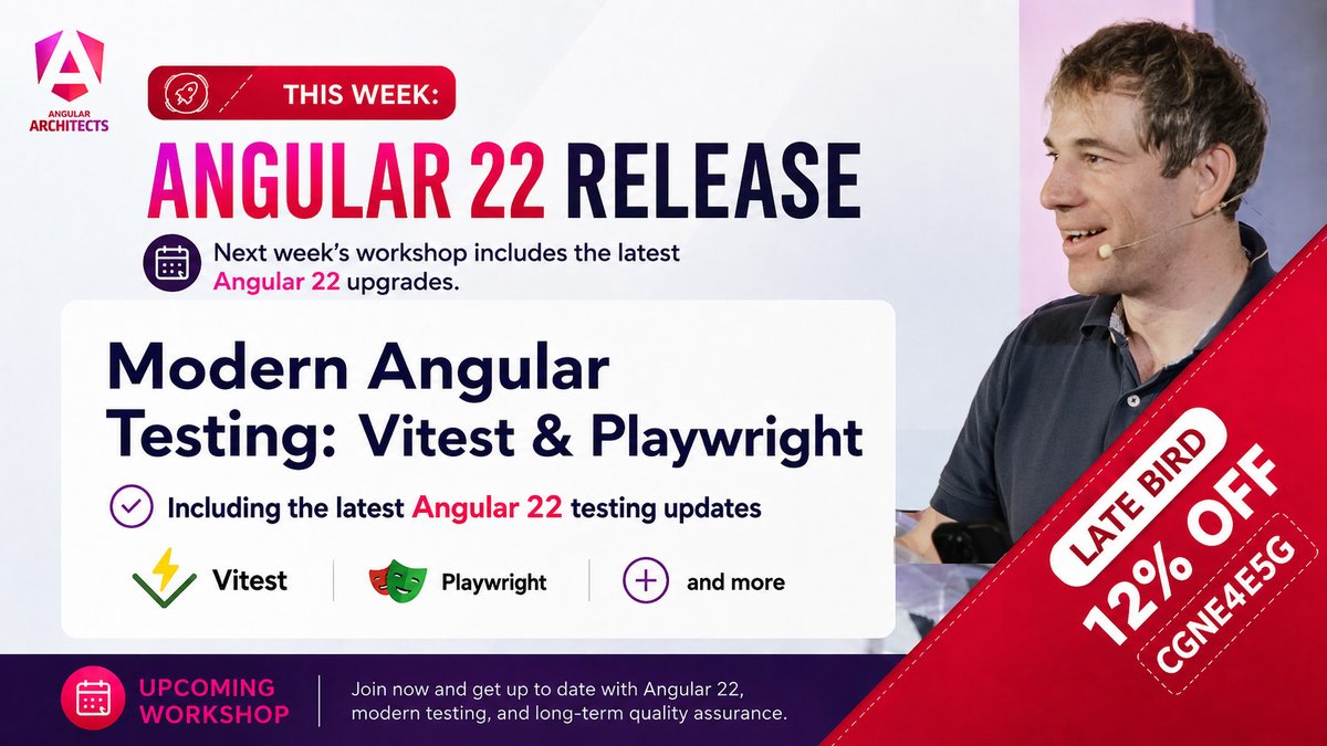 rainerhahnekamp's tweet photo. Angular 22 is released today, and we have an "Angular 22 celebration discount".

Our Modern #Angular Testing workshop takes place next week and will already include the relevant Angular 22 testing updates.

12% off with CGNE4E5G

https://t.co/4UxACvAGJF https://t.co/rzutX270dJ