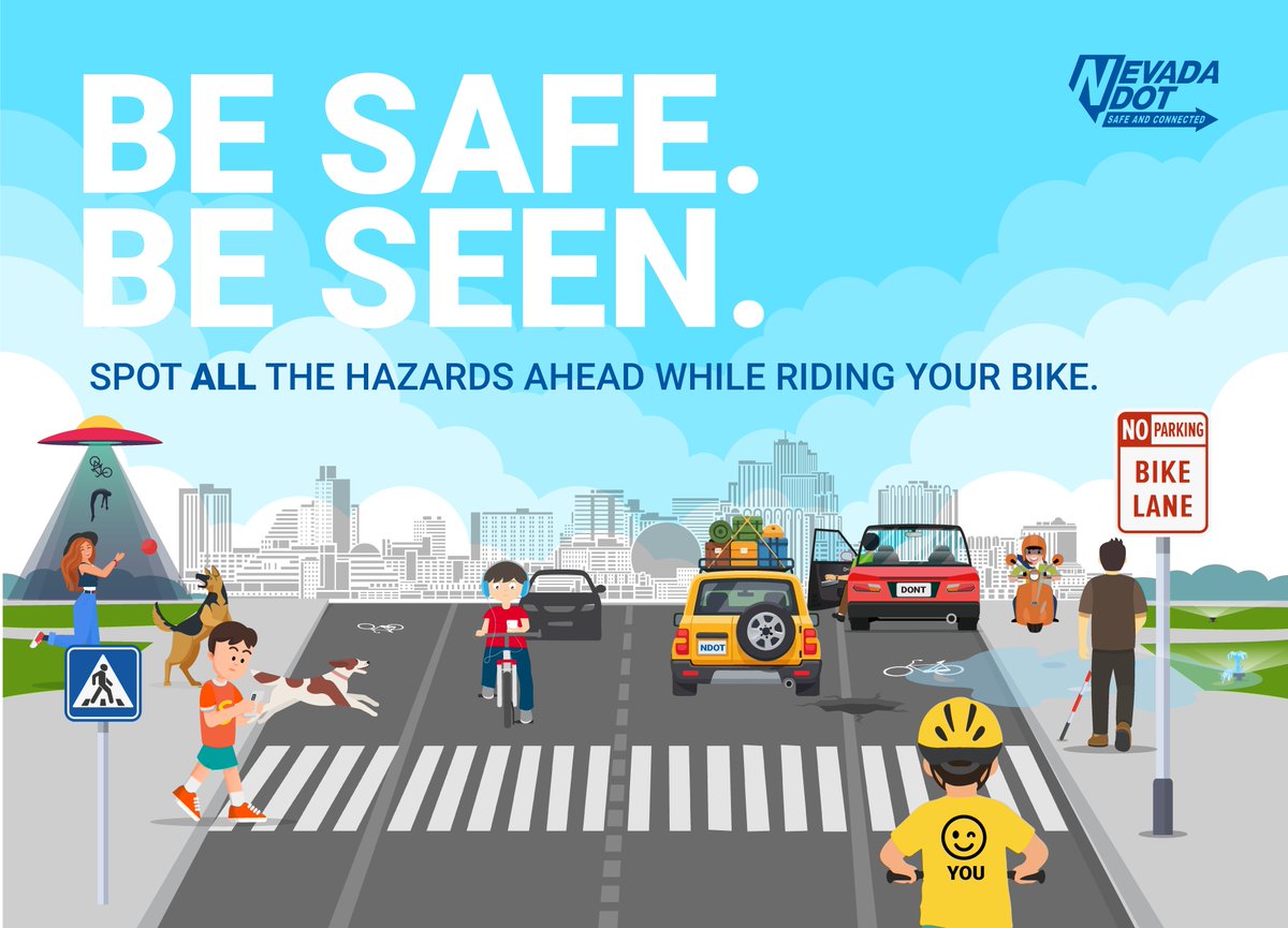 nevadadot's tweet photo. Happy   World Bicycle Day!

Celebrate by getting outside and riding safely. Remember:
- Wear a helmet
- Stay alert
- Follow traffic laws
- Use lights or bright clothing to stay visible

Can you find all the potential hazards? https://t.co/I9TxE1So7b