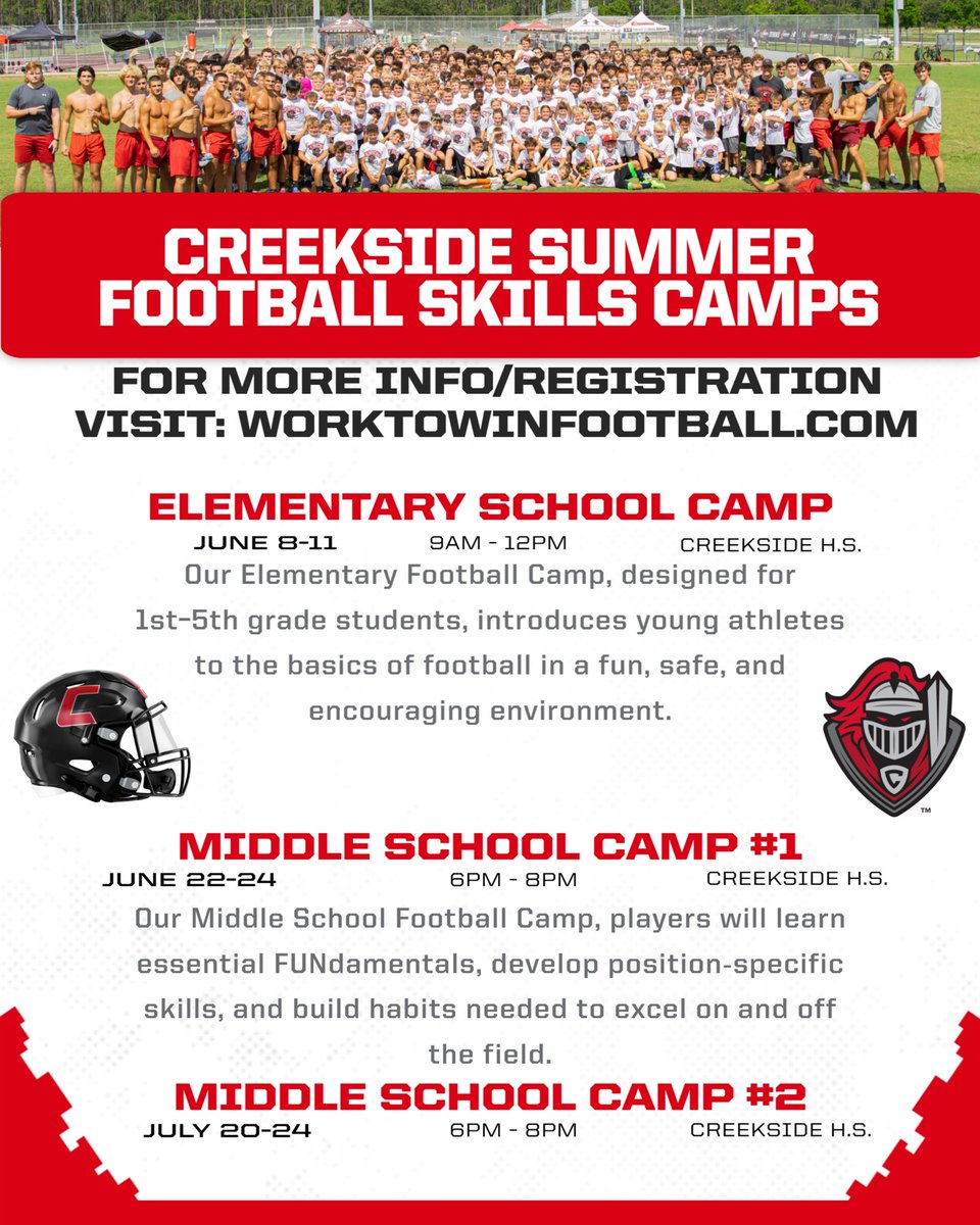 Creekside_fb's tweet photo. The Creekside Youth Football Camp kicks off NEXT WEEK! Let’s Go 🔥

📍Creekside High School

 Elementary School: June 8–11

 Middle School (Session 1): June 22–24

 Middle School (Session 2): July 20–24
Tickets can be purchased👇 

🔗 https://t.co/UPIqemdHXY https://t.co/7qCKkCkO18