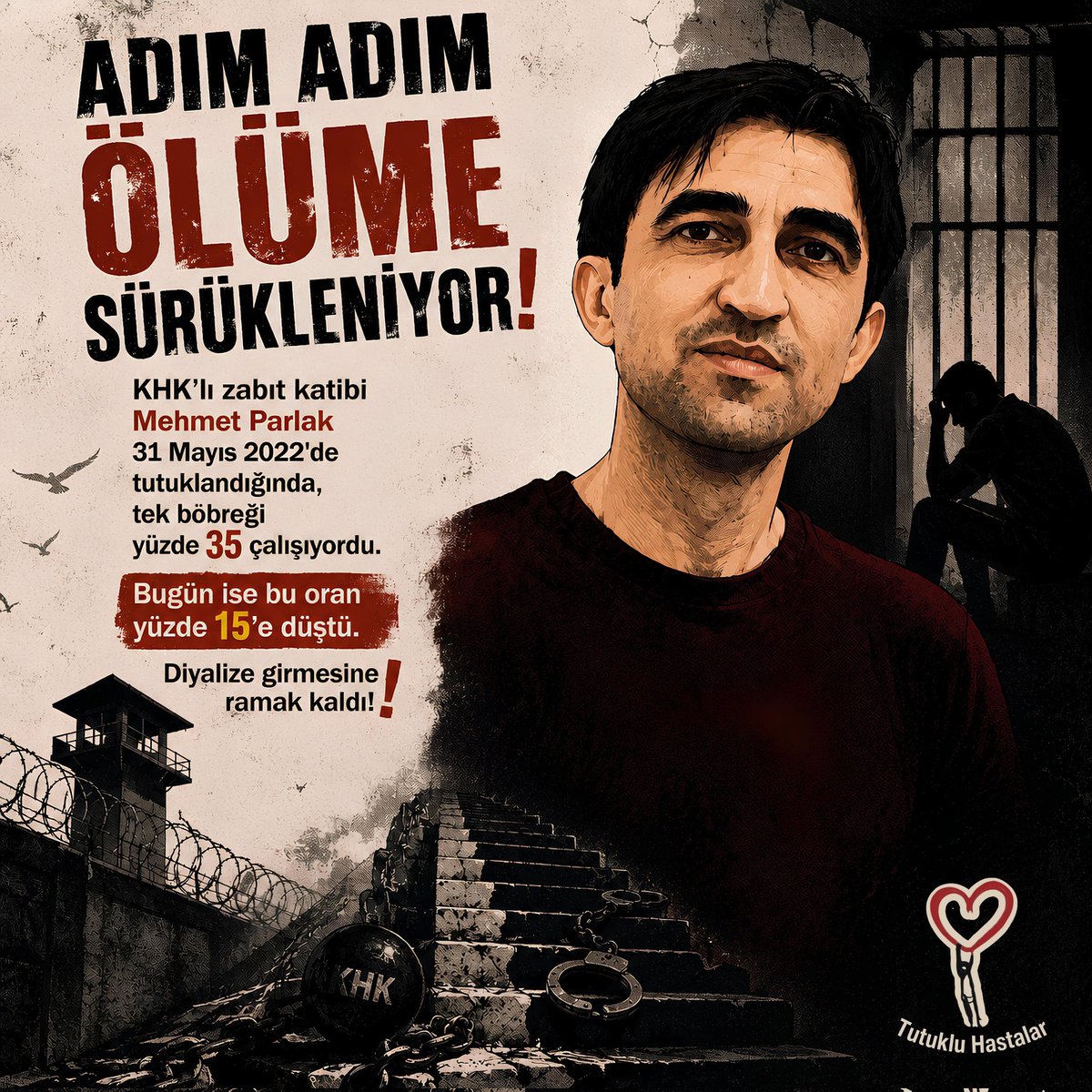 KhkYargi's tweet photo. MehmetParlakaİnsanlıkSuçu
Tutuklandığında böbrek fonksiyonu %35 olan Mehmet Parlak'ın değerlerinin %15'e kadar düştüğü ifade ediliyor. Sağlık hakkı evrensel bir haktır, cezaevinde de korunmalıdır. https://t.co/oaWnaFAc5K