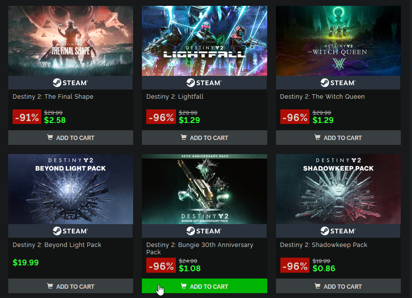 DroidUnderscore's tweet photo. Only the Beyond Light Pack, Legacy Collection, and Year of Prophecy base and Ultimate editions are not discounted but for the Year of Prophecy stuff you can just buy the individual DLCs for like $16

Other DLC discounts being offered: https://t.co/tbQLVXBiaN