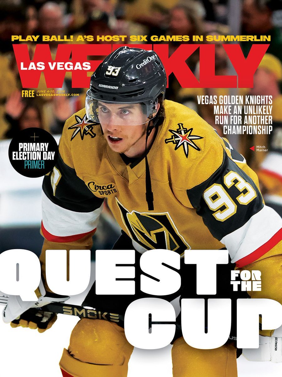 lasvegasweekly's tweet photo. We're dropping the cover early because the Stanley Cup Finals start TONIGHT! 🏒🏆 Tap the 🔗 below to read all about the Golden Knights' unlikely run for another championship and grab your copy before they're gone. On stands Thursday! https://t.co/GGknsFniaP https://t.co/NIuQARILbO