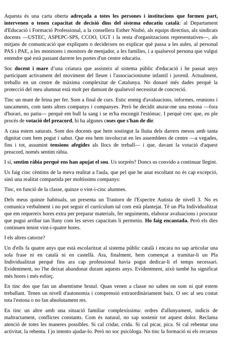 FerranOtif's tweet photo. És molt important que tothom llegeixi aquesta carta d'una mestra desesperada i que votarà NO al pre-acord amb la Conselleria d'Educació.
Sobretot tú Ricard Ustrell, convertit en el portaveu oficial de la consellera. @maticatradio.
Ens hi va el futur de tota la societat catalana. https://t.co/vPOYPdGKhQ