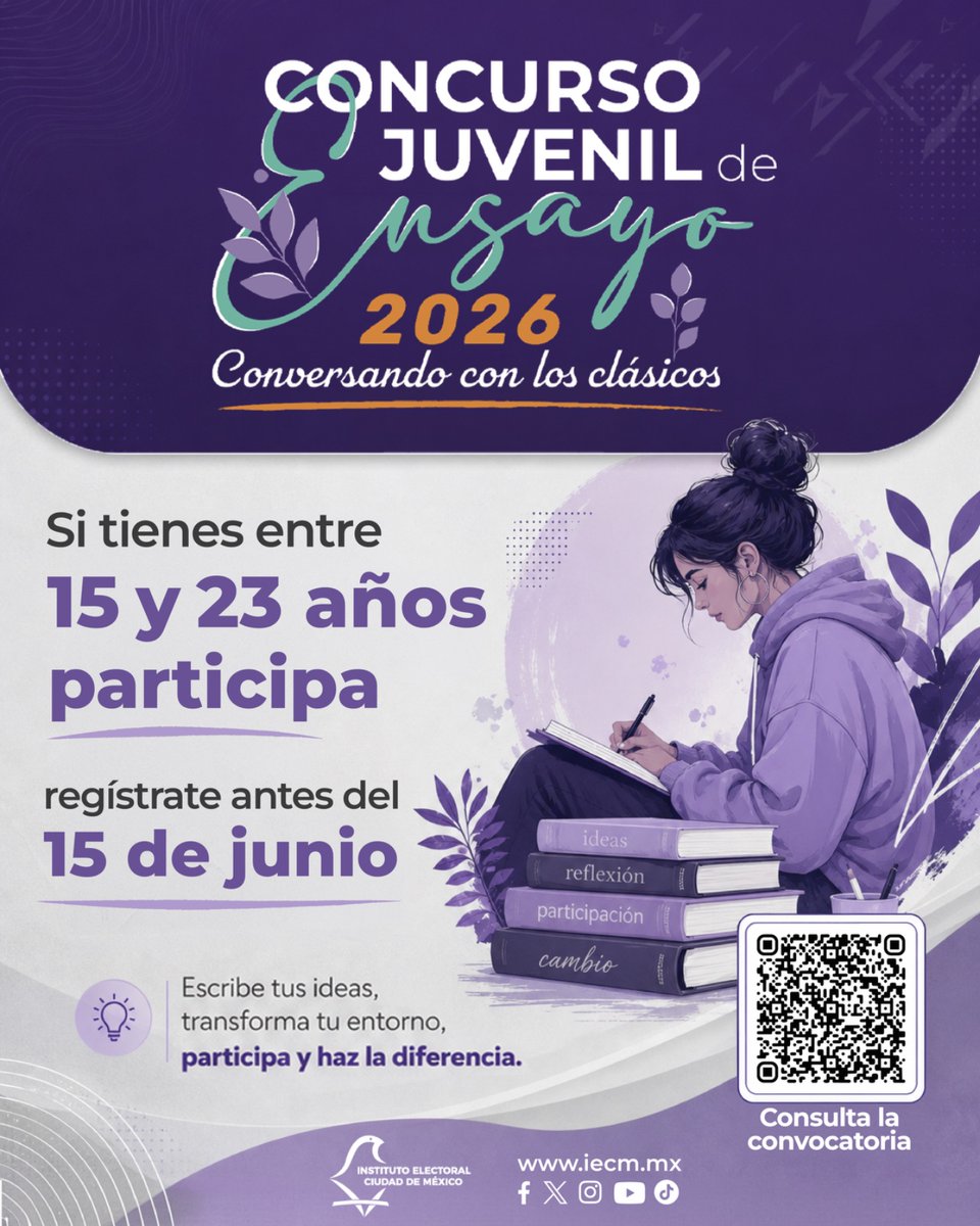 Distrito11IECM's tweet photo. 📣Comparte tus ideas en el Concurso Juvenil de Ensayo 2026 y sé parte de este espacio impulsado por el #IECM. https://t.co/PXCJCrq2cR