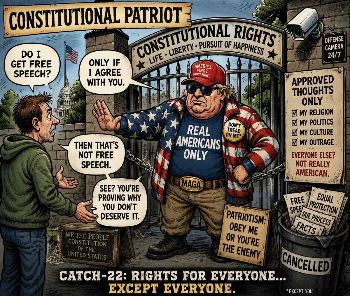 joesox's tweet photo. @RedPilledAgent0 @adammocklerr The Constitution doesn't divide Americans into "real Americans" and people you don't like. That's the mindset of every illiberal movement in history. Patriotism isn't measured by who you can insult on social media. https://t.co/B7fSbkutyU