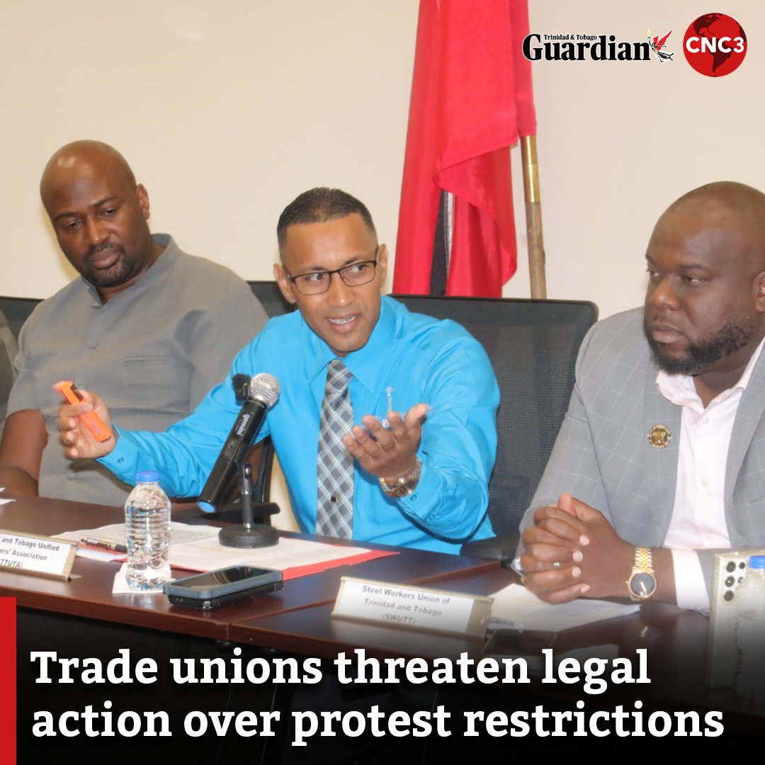 CNC3TV's tweet photo. A coalition of 11 trade unions is threatening legal action against the Government over newly imposed State of Emergency (SOE) regulations that restrict public demonstrations at 15 designated locations across Trinidad and Tobago.

For more: https://t.co/6j8nDrTCwf https://t.co/JRj7Y29zLp