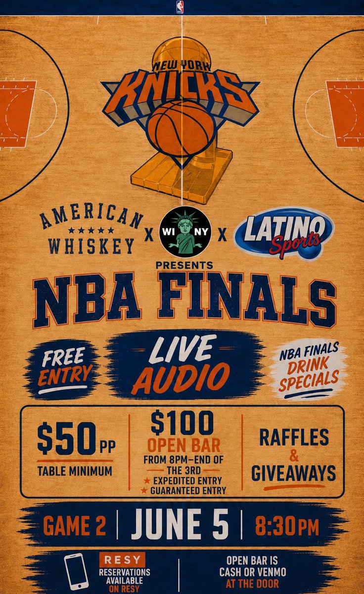 ItsAllGoodrow's tweet photo. THIS FRIDAY WE’RE BACK!!! 

GAME 2 OF NBA FINALS AT AMERICAN WHISKEY 🏀💙🧡

#NYKnicks #Knicks #NBAFinals #AlwaysKnicks https://t.co/C9SsLp3kBz