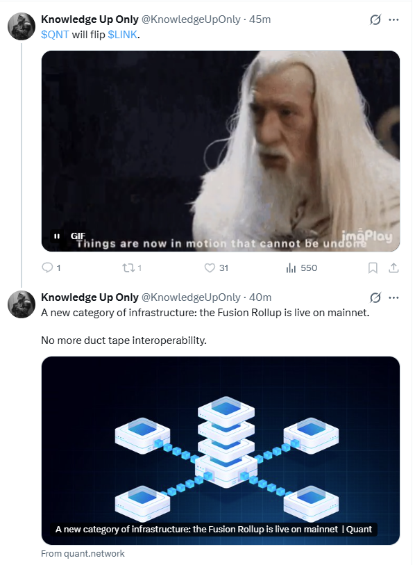 obliiviiscariis's tweet photo. The difference between $QNT and $LINK

While Quant focusses on improving interoperability between blockchains, by unifying assets and removing wrapped tokens with the release of Quant Fusion:

Chainlink has long-since moved on from creating the gold standard for interoperability between blockchains, CCIP (see evidence for this below).

Since then, Chainlink has transformed into a fully-fledged orchestration layer, through the development of the hyper-secure Chainlink Runtime Environment.

The CRE allows institutions and developers to orchestrate entire workflows containing everything they need:

- Data
- Privacy
- Compliance
- Interoperability between Chains
-Interoperability with legacy systems, e.g. SWIFT

To give a sense of the scale of this, it's why a few weeks ago, The DTCC integrated CRE into their Collateral Appchain.

https://t.co/OrlI30YeqX

But let's go back to talking exclusively about what Quant influencers want to talk about - bridging between blockchains, as they feel Chainlink is inadequate in this regard. 

Since the Layer Zero exploit, here are some examples of the security reviews which found that Chainlink CCIP is the gold-standard for interoperability.

Lido Finance:
https://t.co/FbaEOXD1yE

Lombard Finance:
https://t.co/gY76q1Vtbf

Turtledotxyz:
https://t.co/axPECa8neM

Does this sound like "duct tape interoperability", as Quant's most famous influencer states in the attached image?

How about we look at the institutional adoption of CCIP next, because they obviously wouldn't choose sub-par, duct tape interoperability:

https://t.co/VjmLPofYaw

Some examples of institutional adoption of CCIP (links provided within above blog):

"Swift partnered with Chainlink to enable financial institutions to connect to any existing public/private blockchain using Chainlink and their existing Swift infrastructure and messaging standards (ISO 20022)."

"ANZ Bank and Fidelity International leveraged CCIP under phase 2 of the HKMA’s e-HKD program to power secure messaging and value transfer of e-HKD across jurisdictions and chains."

"As part of the Monetary Authority of Singapore’s (MAS) Project Guardian, SBI Digital Markets, UBS Asset Management, and Chainlink successfully demonstrated how Chainlink and a Digital Transfer Agent (DTA) smart contract enable the creation of tokenized funds with automated fund management operations. CCIP is used to process fund lifecycle activities."

"In MAS’ Project Guardian, ANZ, ADDX, and Chainlink partnered on a use case supporting the entire lifecycle of tokenized commercial paper. The use case leverages ADDX’s investment platform, ANZ’s Digital Asset Services, and CCIP Private Transactions."

"Apex Group and Chainlink created an institutional-grade stablecoin infrastructure solution supporting the Bermuda Monetary Authority’s embedded supervision initiative, powered by CCIP and other Chainlink services."

"ANZ demonstrated an advanced Delivery vs Payment use case leveraging Chainlink CCIP."

"SBI Digital Markets is adopting Chainlink as its exclusive infrastructure solution to power its end-to-end digital assets platform."

And now finally, let's mention some of the top DeFi and tokenized asset protocols using CCIP:

"Aave uses CCIP to enable cross-chain GHO transfers and cross-chain governance."

"Coinbase selected CCIP as the exclusive cross-chain infrastructure for all Coinbase Wrapped Assets, including cbETH, cbBTC, cbDOGE, cbLTC, cbADA, and cbXRP."

"Base integrated CCIP to secure the Base-Solana Bridge alongside Coinbase, unlocking native Solana asset support on Base and unified liquidity between both ecosystems."

"Ondo selected Chainlink as the official oracle infrastructure powering data for its regulated tokenized stocks platform and establishing CCIP as the preferred interoperability solution for financial institutions collaborating with Ondo."

"xStocks adopted CCIP to power xBridge, the cross-chain bridge that enables tokenized equities to be transferred between Solana, Ethereum, and more.
Maple Finance upgraded syrupUSDC to the CCT standard, making it natively transferable across chains via CCIP."

Summary:

You can't even begin to compare Quant to Chainlink's level of adoption, attestations from the biggest institutions on earth, its full suite of capabilities.