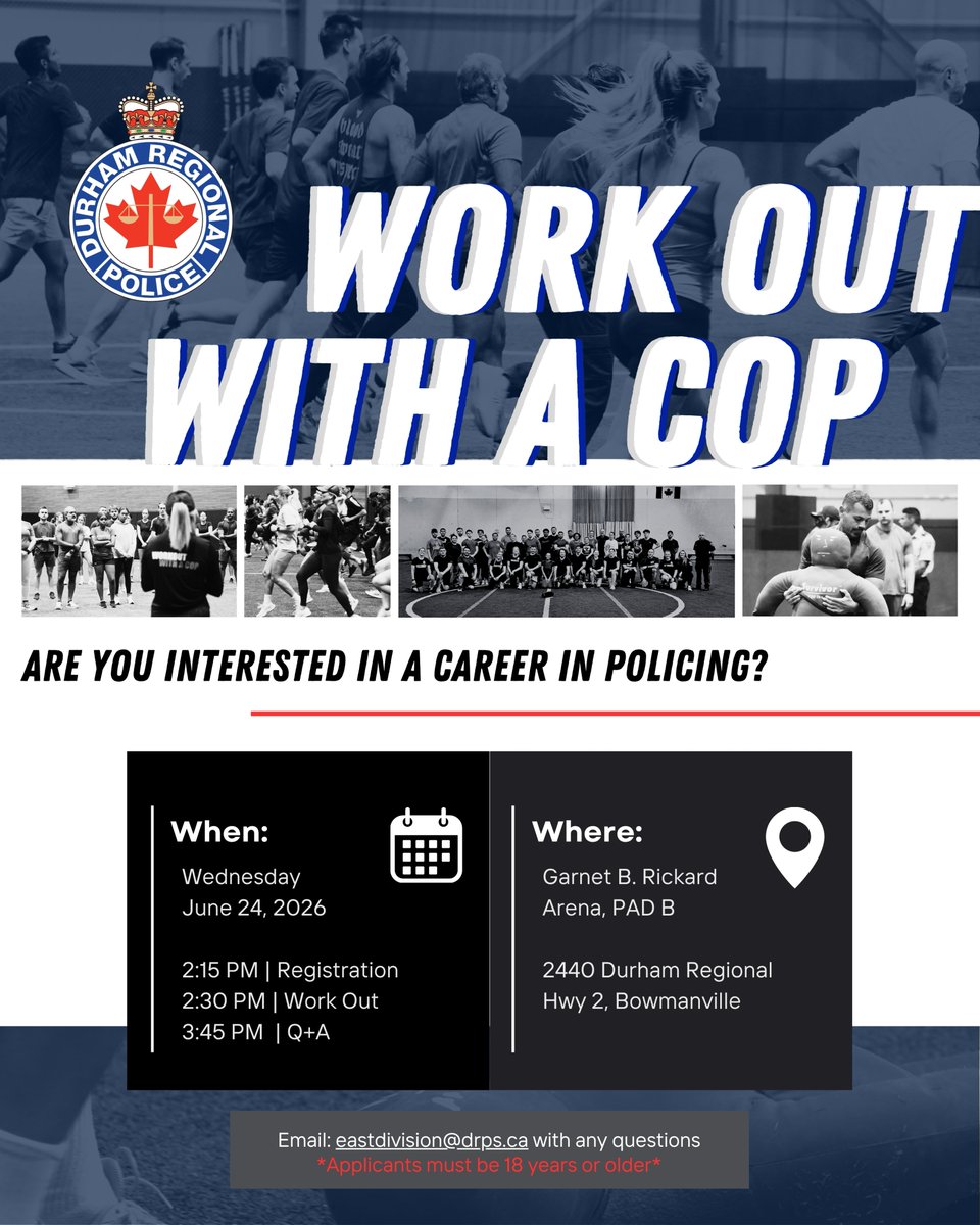 DRPS's tweet photo. 💪Thinking about a career in policing? Start here.

Join members of the Durham Regional Police Service for our next Workout with a Cop — a free, hands on fitness session designed for those interested in becoming a police officer.

This workout gives you the opportunity to train alongside DRPS members, challenge yourself physically, and get a real feel for the expectations of the job. You’ll be able to ask questions, connect directly with officers, and learn more about the recruiting process and what it takes to serve your community.

Whether you’re just starting to explore policing or actively preparing your application, this session is a great way to take the next step.

📅Date: June 24, 2026 2:00 p.m.
📍Location: Garnet B. Rickard Recreation Complex, Bowmanville

Link to register: https://t.co/9qTaTB2kpg