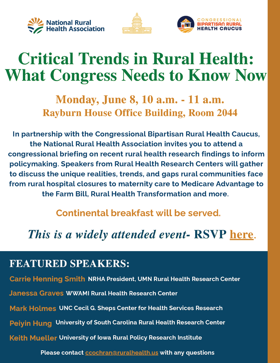 NRHA_Advocacy's tweet photo. Join NRHA in partnership with the Congressional Bipartisan Rural Health Caucus for our #congressionalbriefing on recent #ruralhealth #research findings to inform policymaking, featuring speakers from #RuralHealthResearchCenters!
June 8 at 10am ET in Rayburn 2044

RSVP here: https://t.co/7Ve4E9MT62