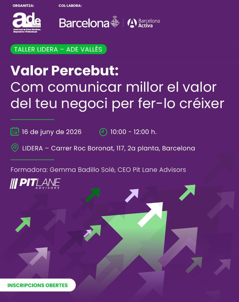 ADEvallesoc's tweet photo. 💡Valor percebut: com comunicar millor el valor del teu negoci per fer-lo créixer

📅16/06 🕙10h
📍LIDERA, Barcelona Activa (22@)
👩‍🏫Gemma Badillo, @PitLaneAdvisors

Activitat organitzada per @barcelonactiva i ADE Vallès en el marc de la Xarxa #LIDERA.

🔗
https://t.co/OYNjWpn2RM https://t.co/c79MMjYx69