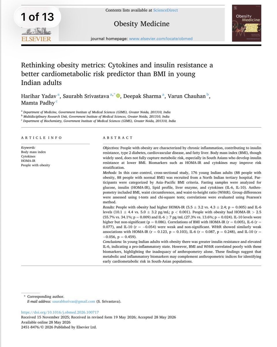 drdeeepak2011's tweet photo. New Research Alert!

Our new study in Obesity Medicine (2026) shows that even at lower BMI, young Indian adults with obesity often have significant inflammation &amp; insulin resistance — highlighting why traditional BMI may miss high-risk individuals in South Asian populations. https://t.co/aOGcXdmePf