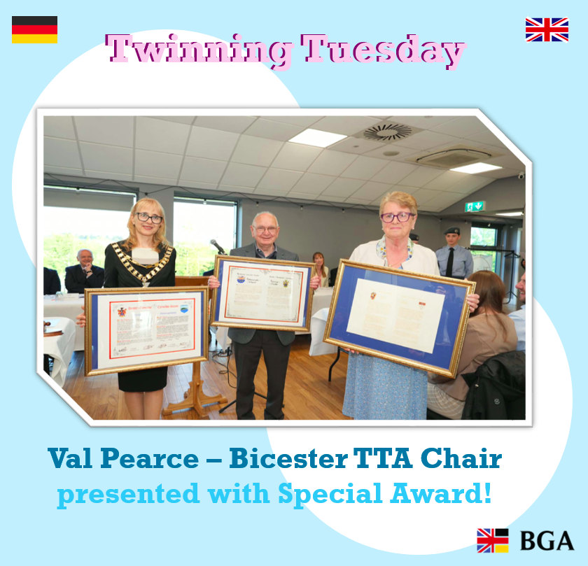 BritGerAssoc's tweet photo. This #TwinningTuesday, we’d like to highlight Val Pearce and her incredible work with Bicester’s twinned towns over the last decades! Her twinning journey has spanned 44 years, serving the Twinning Association ever since its inception, and will step down as Chair next year. (1/3) https://t.co/e7m10Xj4T7