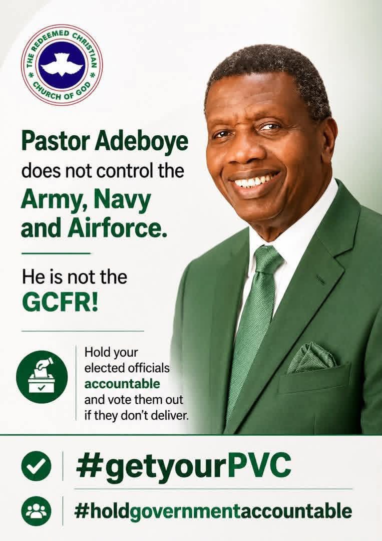 rccgyayaglobal's tweet photo. Hold your elected officials accountable and vote them out if they don’t deliver.

Get your PVC!

#GetYourPVC #2027Elections https://t.co/oStO6VHIJk